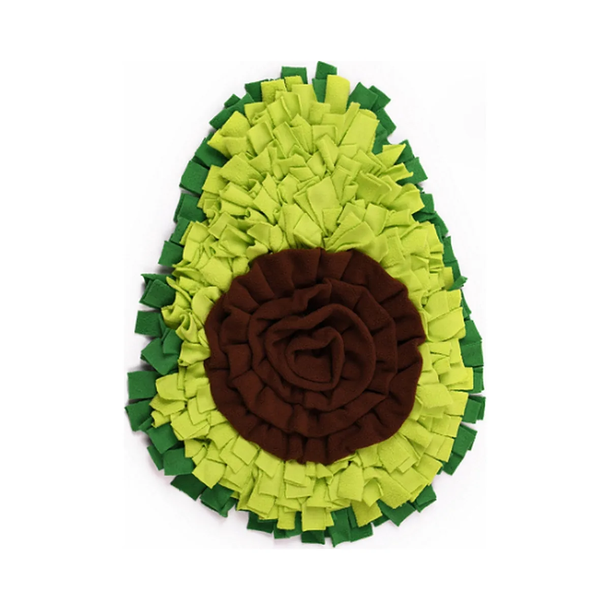 Alfombra olfativa con forma de aguacate, con tiras verdes y un hueso central marrón