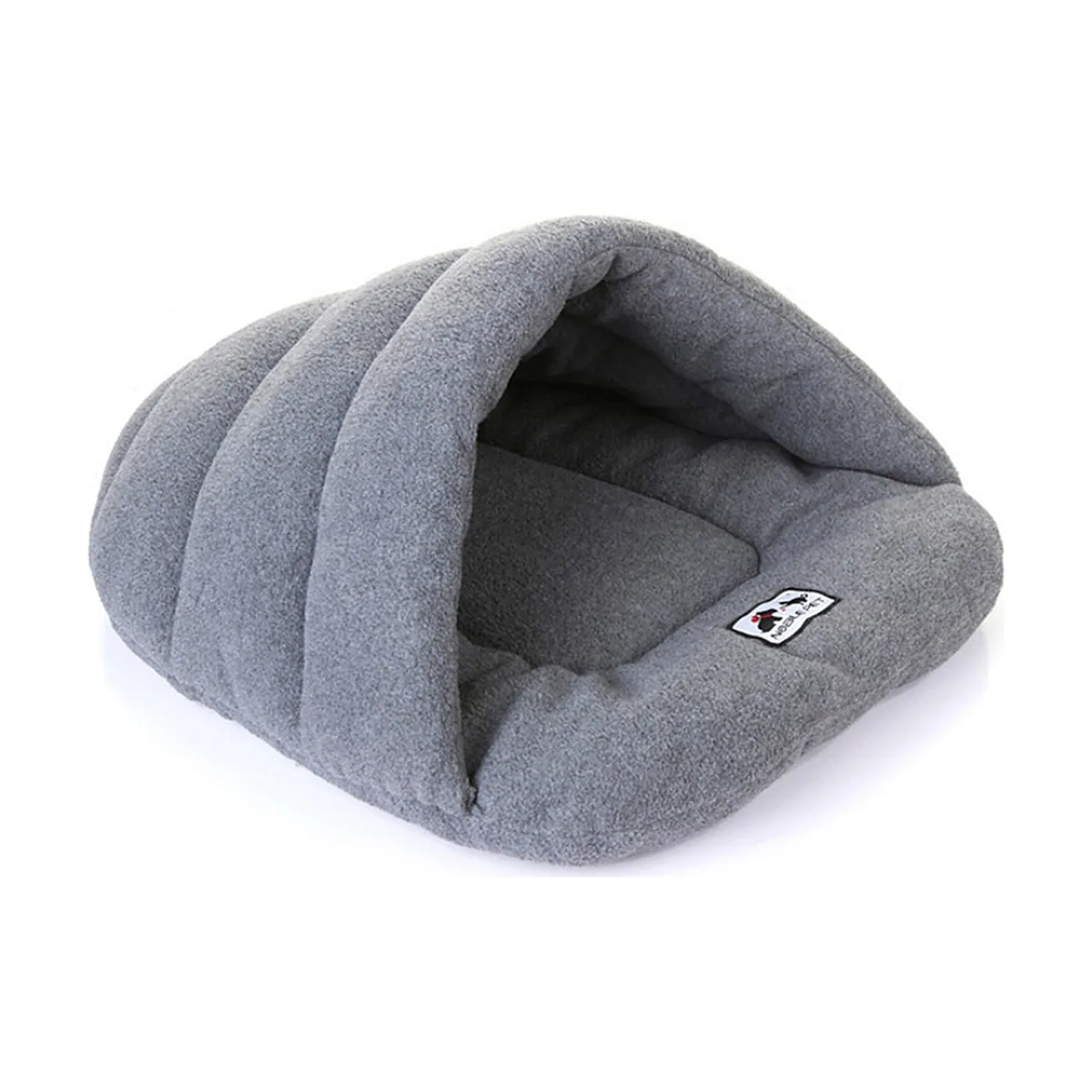 Cama cueva de felpa gris para gatos vista de frente